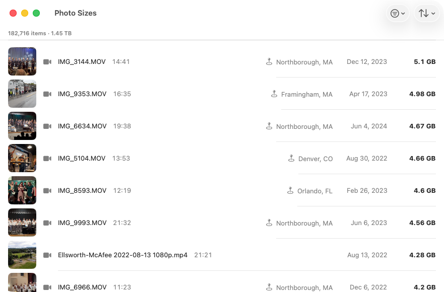 PhotosSizer list of photos and videos sorted by size